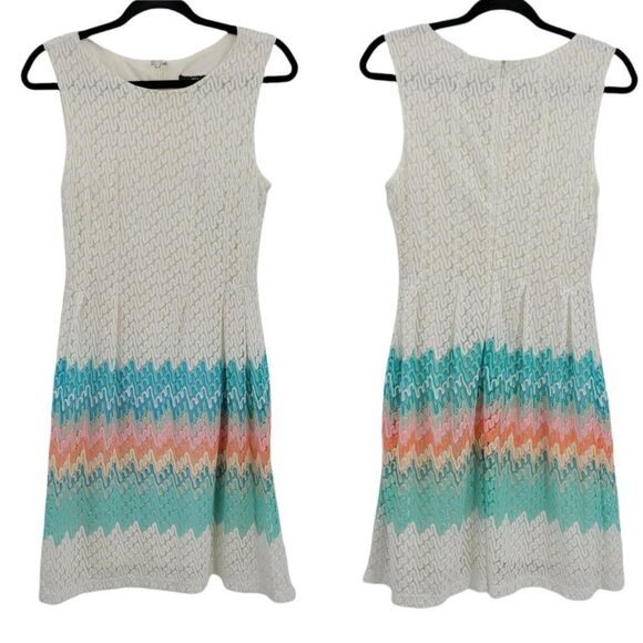 R&K Pastel Chevron Lace Overlay Sleeveless Scoop Tea Length Dress White Sz 10 - Picture 1 of 11